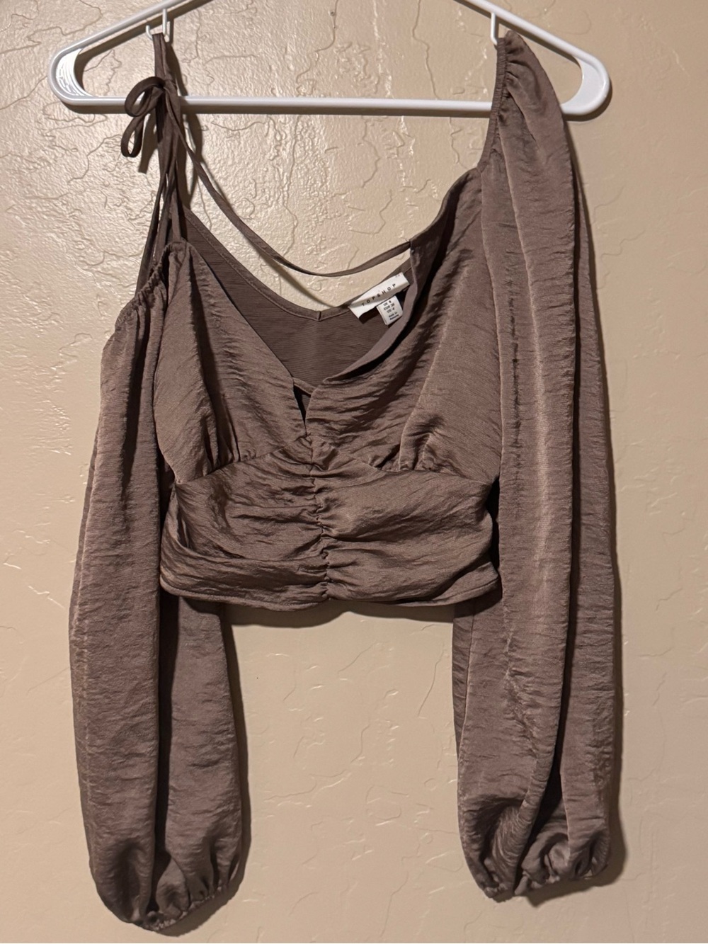 Topshop Taupe Ruched Long Sleeve Crop Top